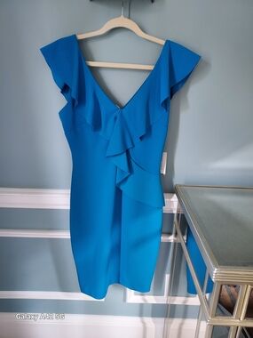 Eileen Fisher Bright Blue One-Shoulder Ruffle Sheath Dress
